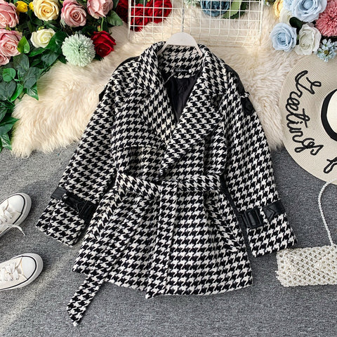 Autumn Winter Wool Coat Women's Thick Woolen Overcoat with Slender Lapel Belt Waist Woolen Plaid Coat Ladies Manteau Femme