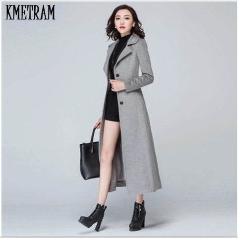 KMETRAM 2019 Fashion Winter Long Women's Wool Coat Cashmere Coat Female Turn-down Collar Wool Women Coat Manteau Femme HH250