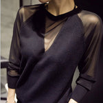 Plus Size 3XL Women's Sexy Black  Perspective Net Yarn Long Sleeve Blouse Fashion Slim Ladies Female Tops Tees