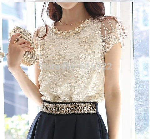 2018 Hot NEW women's Fashion Elegant Beading Lace Embroidered The Formal Tops And Blouses women blouses shirt