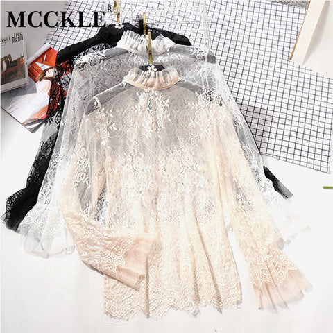 Women's Lace Ruffled Transparent Blouse Shirt Long Sleeve Crochet Black Spring Shirts Women 2019 Summer Sexy Blouses And Tops