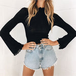 Fashion Women's Summer Loose Top Long Sleeve Blouse Ladies Casual Short Tops Shirts Black White