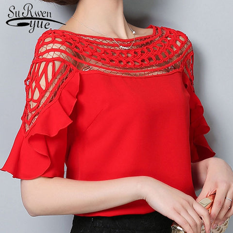 Women tops and blouses 2019 chiffon blouse shirt sexy hollow out lace women's clothes red ladies tops blusas white shirt 960G 30