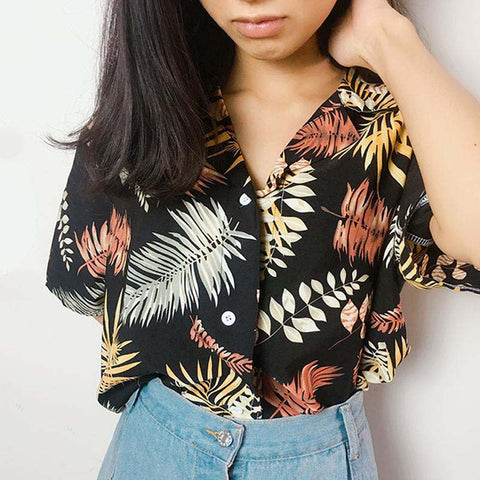 2019 Hot Summer Women's Casual Blouse Shirt Leaves Chiffon Print V-Neck Half Sleeve Lady's Top Fashion Women Loose Blusas