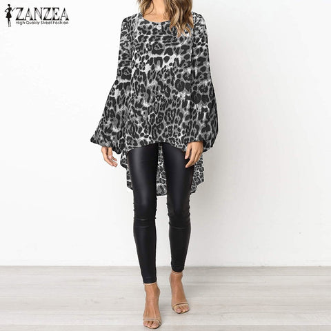 ZANZEA Women's Tunic Blouse Female Sexy Puff Sleeve Asymmetrical Tops Shirt Casual Leopard Grain Blusas Tunic Tops Plus Size 5XL